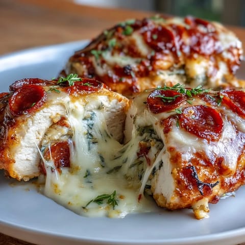 Keto pizza-stuffed chicken breasts with gooey mozzarella, marinara, and pepperoni, seared and baked for a low-carb dinner.