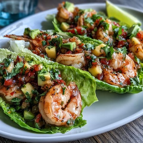 Colorful lettuce tacos filled with chili-spiced shrimp and vibrant mango salsa, topped with creamy avocado and fresh cilantro.