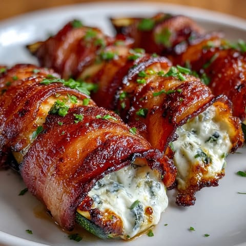 Keto bacon-wrapped zucchini boats filled with creamy herb cheese, baked until golden and crispy.