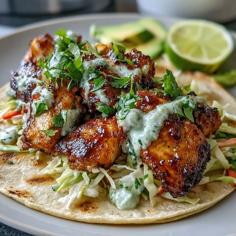 Spicy lime fish tacos with zesty chili-lime marinated fish, crunchy cabbage slaw, creamy avocado, and fresh cilantro crema in warm tortillas.  