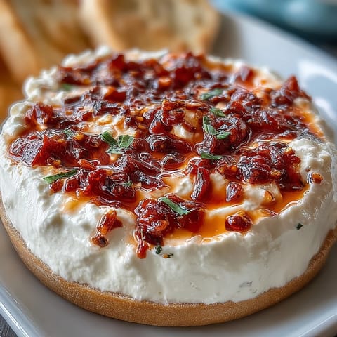Creamy Calabrian Chili Cream Cheese spread with vibrant red chili flecks and a smooth, rich texture.  