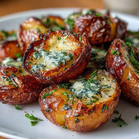 Golden baked smashed potatoes topped with melted butter, roasted garlic, and fresh parsley for a rich, savory side.