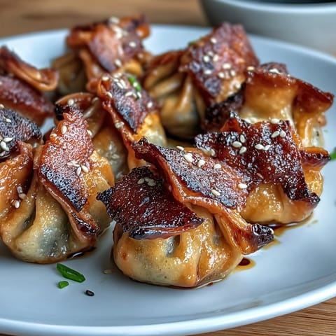 Golden air-fried pork dumplings with crispy edges, served with spicy chili oil for dipping.  
