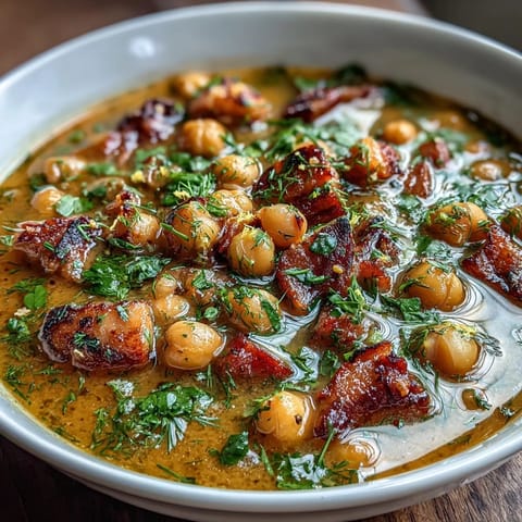 Hearty ham and chickpea soup with lemon and dill, showcasing tender chunks of ham and creamy chickpeas in a fragrant broth.