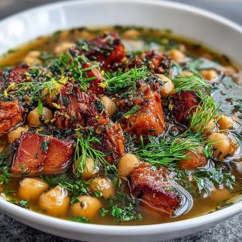 Zesty Mediterranean-inspired ham and chickpea soup with fresh dill and lemon, garnished with herbs and served in a rustic bowl.