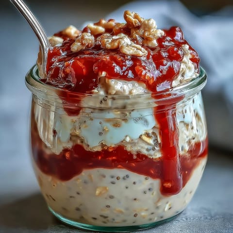 Creamy overnight oats topped with vibrant strawberry chia jam, a nourishing breakfast perfect for busy mornings.
