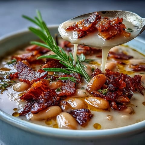 Creamy white bean soup with bacon and rosemary, garnished with crispy bacon bits and a drizzle of olive oil.  