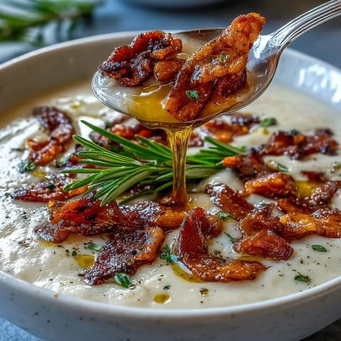 Velvety bean soup with smoky bacon, fresh rosemary, and tender vegetables in a comforting, hearty bowl.  