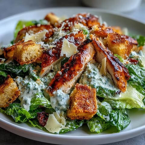 Juicy grilled chicken breast served over fresh romaine lettuce, topped with creamy Greek yogurt Caesar dressing and golden sourdough croutons.  