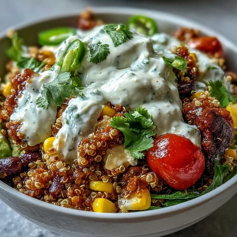 Wholesome spiced lentil-quinoa taco meat topped with vibrant avocado lime crema and colorful fresh vegetables.  