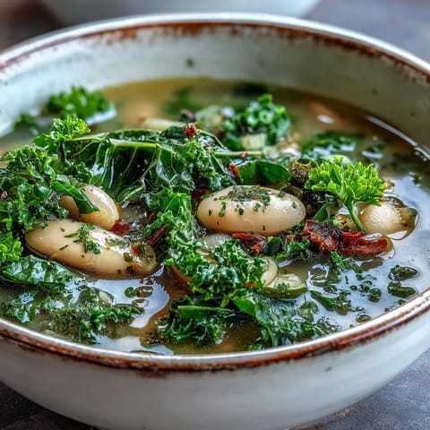 A close-up view of hearty white bean and kale soup, showcasing tender greens and aromatic garlic in savory broth.