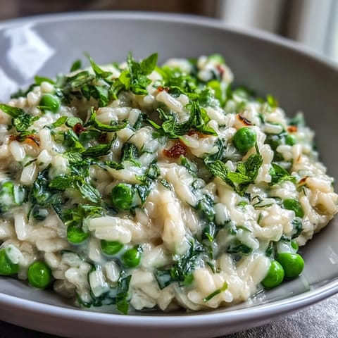 Creamy spring pea and mint risotto with Parmesan, garnished with fresh mint leaves and lemon zest in a white bowl.  