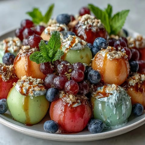 Vibrant melon and berry platter with juicy watermelon, cantaloupe, and honeydew served alongside creamy honey-lime yogurt dip.