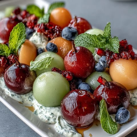 Colorful fruit arrangement featuring assorted melons, strawberries, and grapes, perfect for summer parties and paired with a zesty honey-lime dip.