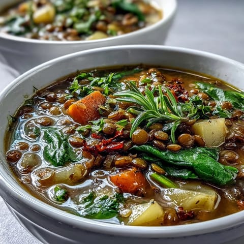 Hearty vegetarian lentil stew with tender green lentils, sweet carrots, and creamy potatoes, perfect for a cozy dinner.  