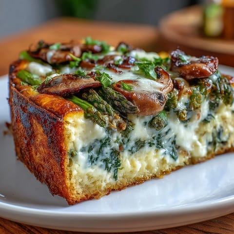 A golden frittata baked with asparagus, mushrooms, and a crispy sourdough crust, perfect for a hearty brunch or light dinner.
