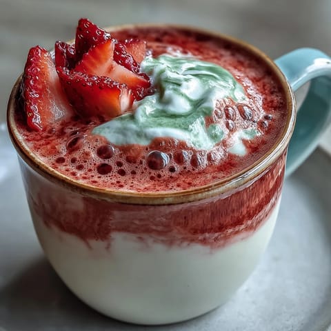 Warm strawberry matcha latte in two clear mugs, vibrant pink strawberry purée layered with green matcha and frothy milk, garnished with fresh strawberry slices for a cozy evening treat.