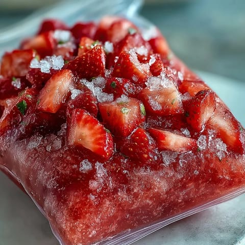 A vibrant blend of strawberries and pineapple frozen into easy-to-serve daiquiri pouches for summer parties.  