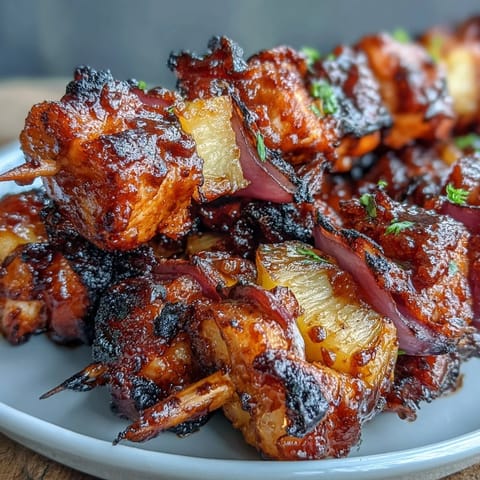 Juicy BBQ chicken and pineapple skewers with red onion, grilled to perfection and brushed with smoky sauce.