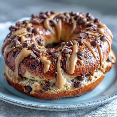 Chocolate chip protein bagels topped with creamy peanut butter drizzle, perfect for a nourishing breakfast or post-workout snack.  