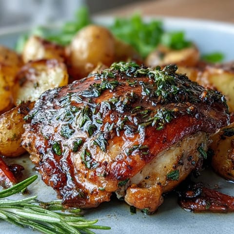 Herb Roasted Chicken Thighs with Baby Potatoes and Carrots, golden and crispy from the oven, surrounded by tender vegetables and fragrant herbs.  