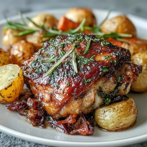 Juicy bone-in chicken thighs roasted alongside baby potatoes and sweet carrots, seasoned with rosemary, thyme, and garlic for a hearty, aromatic meal.  