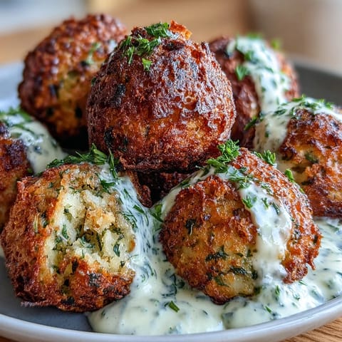 Air-fried crispy falafel served with vibrant green tahini sauce for dipping.  
