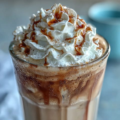 A creamy iced vanilla bean frappuccino topped with fluffy coconut whipped cream and a sprinkle of vanilla bean seeds.