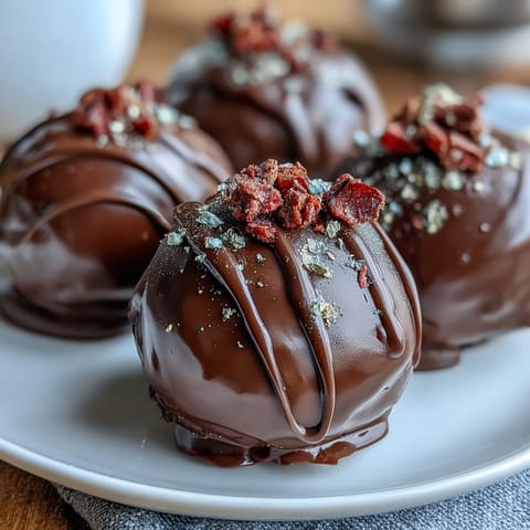 Decadent Dubai Chocolate Strawberry Truffles with edible gold flakes, blending rich dark chocolate and fruity strawberry for a luxurious dessert experience.