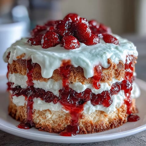 A classic strawberry shortcake with golden biscuit layers, fresh macerated strawberries, and fluffy whipped cream, perfect for summer gatherings.