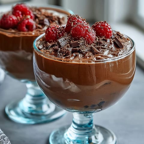 Creamy high-protein cottage cheese chocolate mousse topped with fresh berries and shaved dark chocolate.
