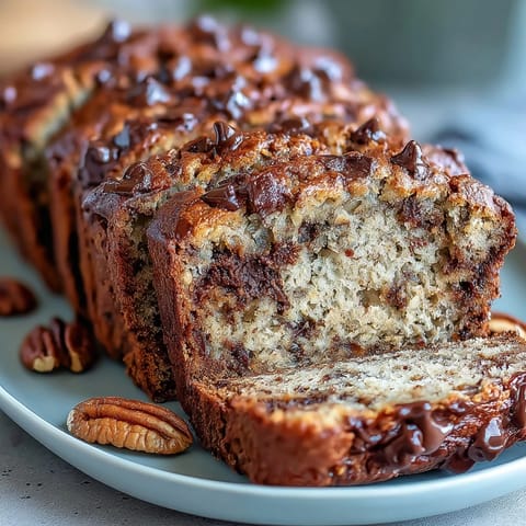 A moist and wholesome banana bread packed with protein and studded with rich dark chocolate chips, perfect for a healthy breakfast or snack.