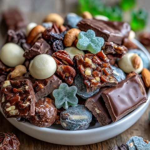 Festive St. Patrick's Day charcuterie board with green candies, cookies, and themed treats arranged for a party spread.