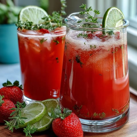 Refreshing strawberry basil lemonade with vibrant red berries, green herbs, and citrus slices in a clear glass pitcher.