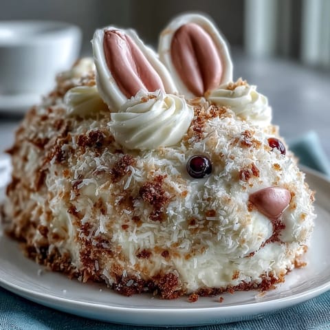 Easter Bunny Cake with Hidden Sprinkle Center: A festive, whimsical bunny-shaped cake featuring a colorful surprise sprinkle core, perfect for Easter gatherings and family celebrations.