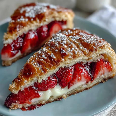 Golden pastry galette filled with frangipane and fresh strawberries, baked to a crisp, bubbling finish.
