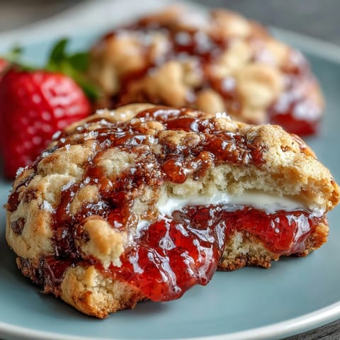 Fresh strawberry jam thumbprint cookies with golden edges and vibrant red filling, perfect for a cozy afternoon treat.