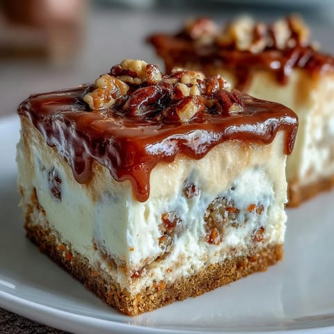 Luscious carrot cake and cheesecake layers marbled together, topped with smooth cream cheese frosting.