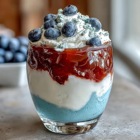 Festive red, white, and blue layered Jello cups with vibrant stripes, perfect for patriotic celebrations or summer parties.