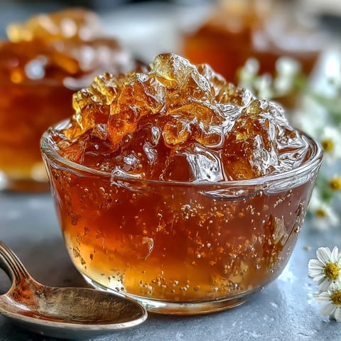 Close-up of dandelion jelly glistening on a spoon, its pale yellow hue and translucent texture inviting a taste of spring.