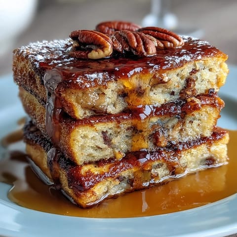 A golden, fluffy pancake casserole baked with swirls of maple syrup, topped with crunchy pecans for a sweet breakfast treat.
