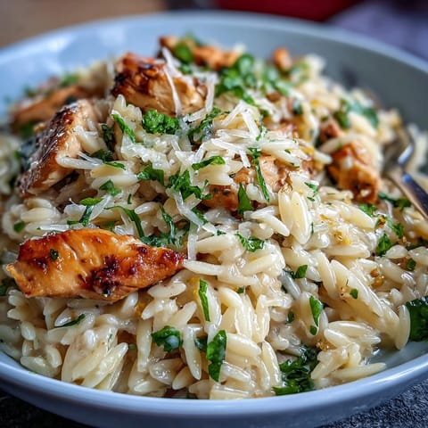 Creamy lemon orzo skillet featuring juicy chicken, bright citrus, and wilted spinach—an easy, comforting Mediterranean-inspired main dish.  