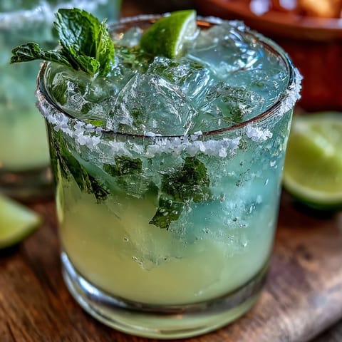 Refreshing non-alcoholic margarita bursting with zesty lime and orange flavors, served over ice with a festive salted rim.