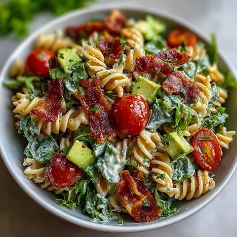 Creamy BLT pasta salad with crispy bacon, diced avocado, cherry tomatoes, and green onions, perfect for summer gatherings.  