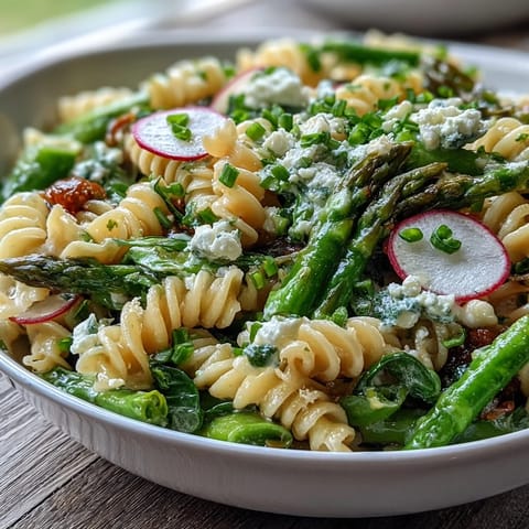 Vibrant spring pasta salad with lemon vinaigrette and radishes, perfect for picnics or light lunches.