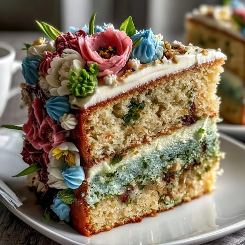 Pastel ombre spring cake with floral topper, showcasing soft gradient layers and edible blooms in a stunning dessert display.