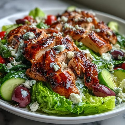 Fresh Greek salad bowl topped with juicy grilled chicken, vibrant vegetables, and creamy feta cheese.  