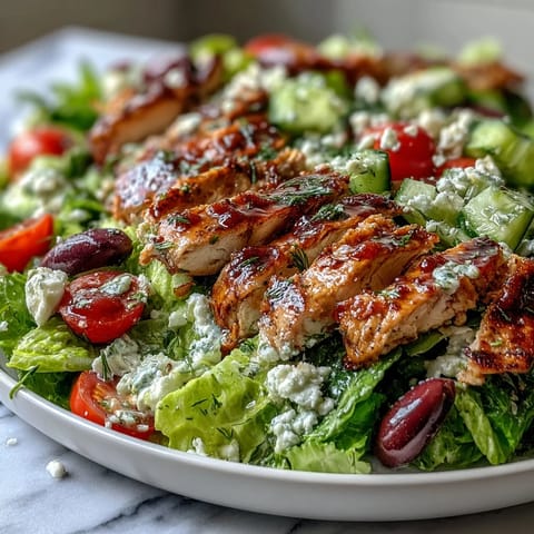 Healthy Greek salad bowl with grilled chicken, crisp cucumbers, ripe tomatoes, and tangy Kalamata olives.  