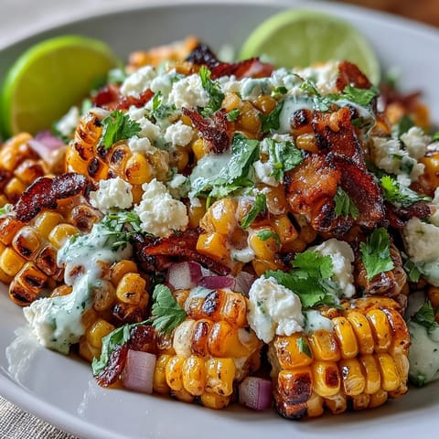 Mexican Street Corn Salad with creamy dressing, Cotija cheese, and charred corn in a colorful bowl.  