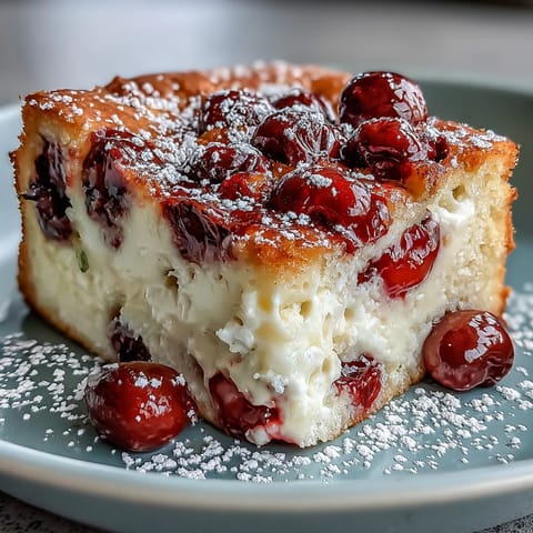 Fresh cherry clafoutis with vanilla bean, baked golden and dusted with powdered sugar for a rustic French dessert.  